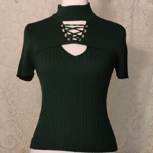 Dark Green Ribbed Lace-Up Top
